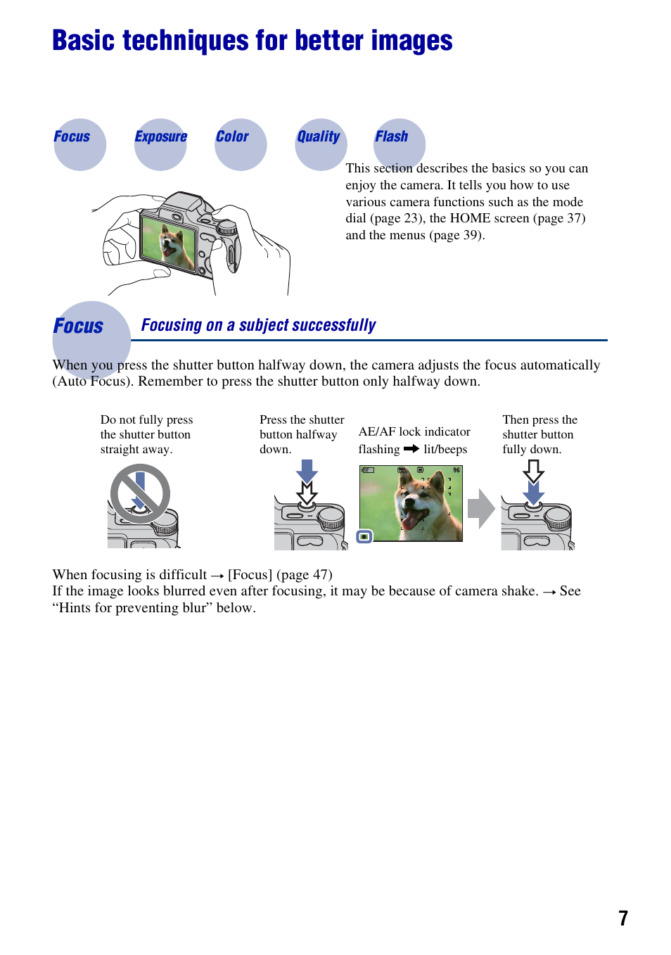 Basic techniques for better images, Focus, Focus – focusing on a subject successfully | Sony DSC-H10 User Manual | Page 7 / 123