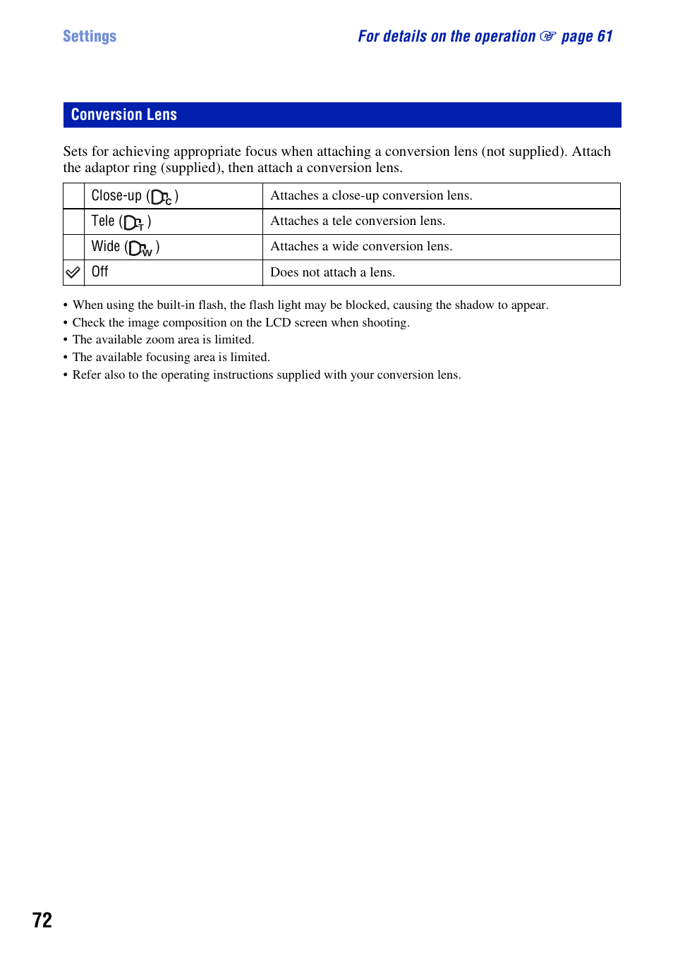 Conversion lens | Sony DSC-H10 User Manual | Page 72 / 123