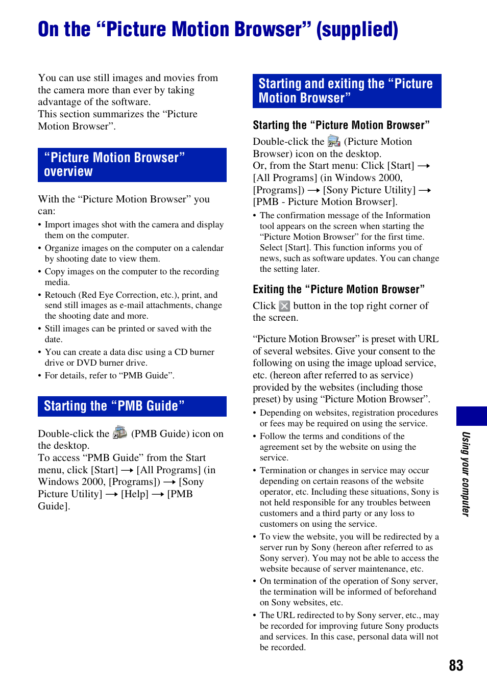 On the “picture motion browser” (supplied) | Sony DSC-H10 User Manual | Page 83 / 123