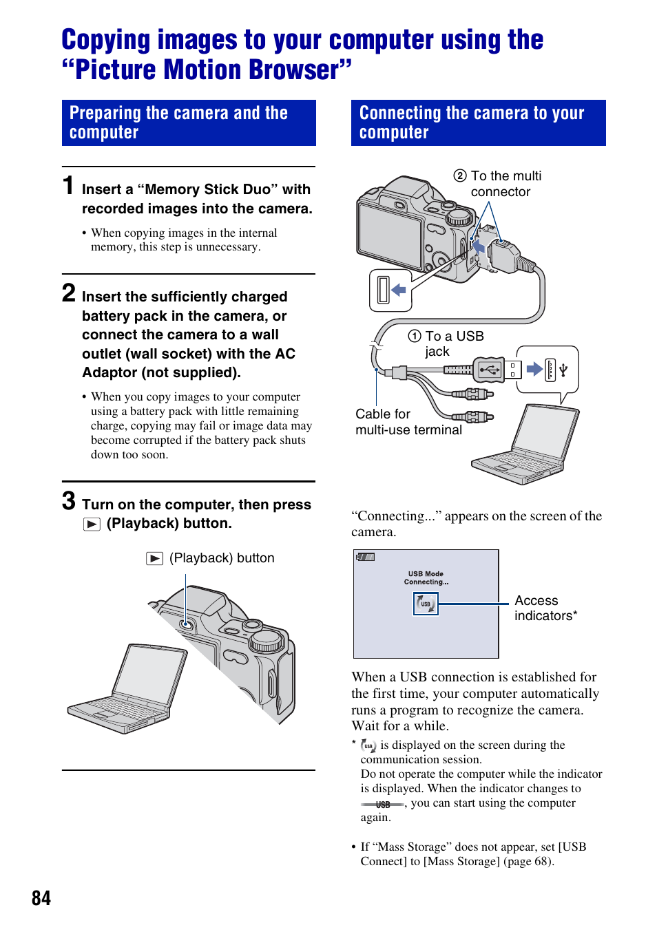 84 a, Preparing the camera and the computer, Connecting the camera to your computer | Sony DSC-H10 User Manual | Page 84 / 123