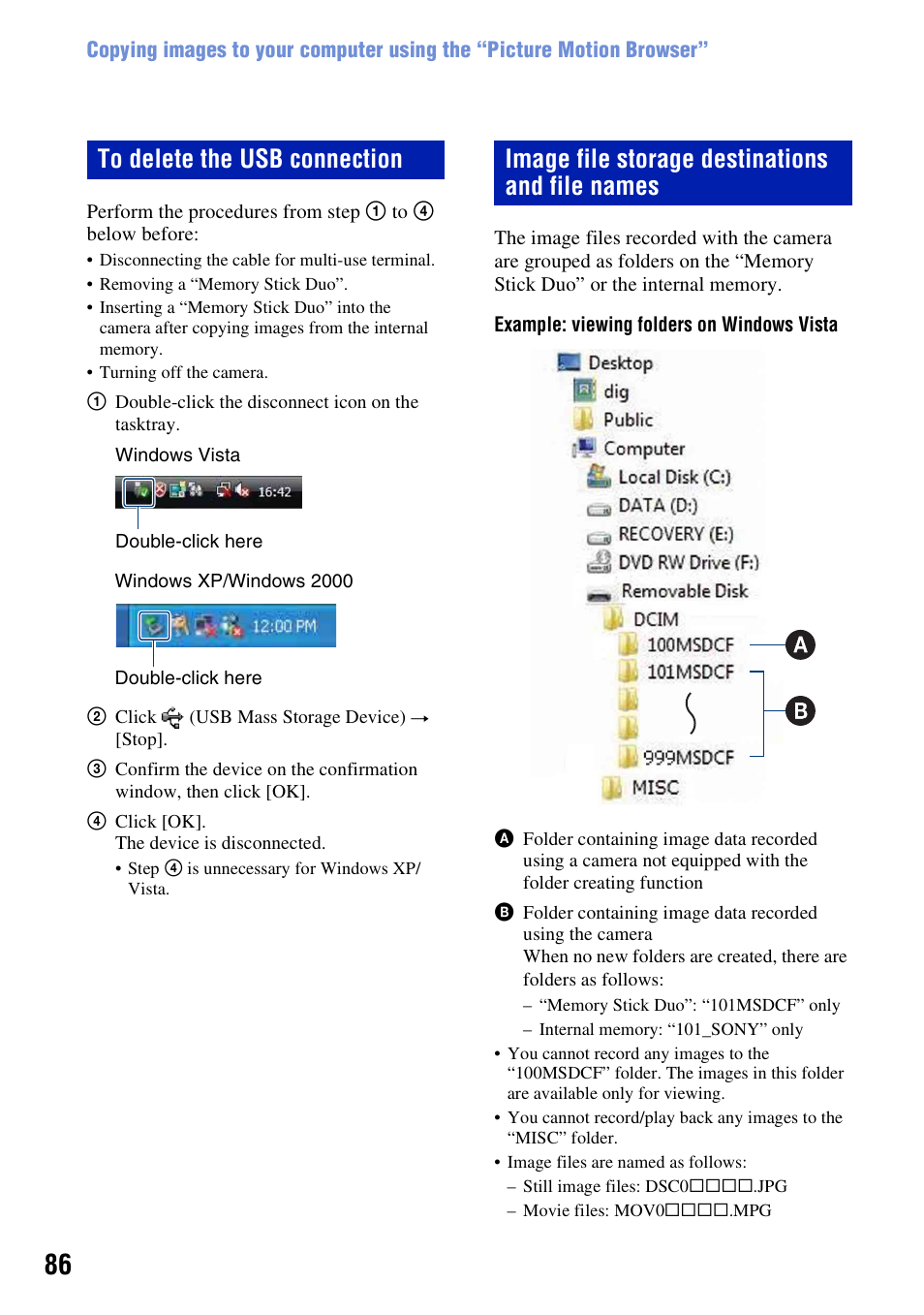 Image file storage destinations and file names | Sony DSC-H10 User Manual | Page 86 / 123