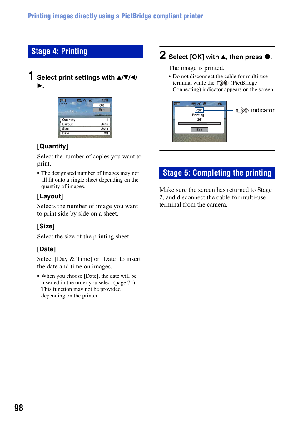 Stage 4: printing stage 5: completing the printing | Sony DSC-H10 User Manual | Page 98 / 123