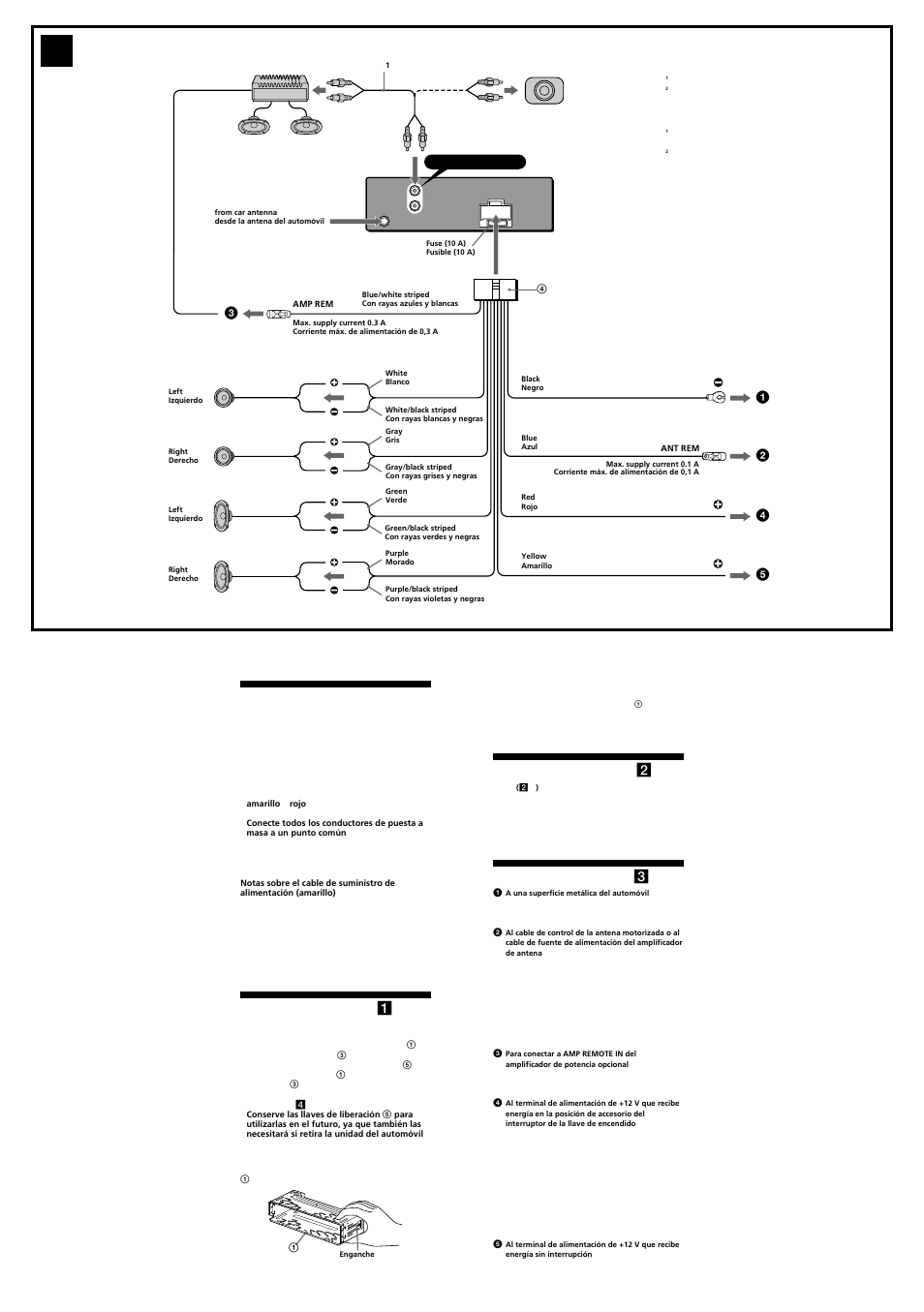 Precauciones, Lista de componentes ( 1 ), Ejemplo de conexiones ( 2 ) | Diagrama de conexión ( 3 ) | Sony CDX-RW300 User Manual | Page 2 / 4