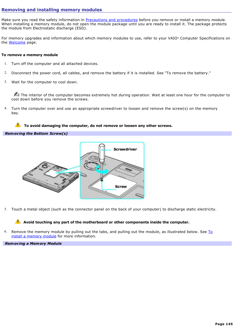 Removing and installing memory modules | Sony PCG-GRV670P User Manual | Page 145 / 162