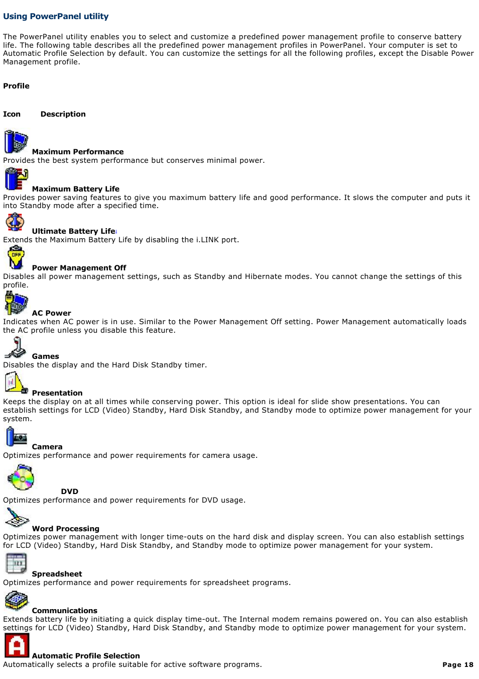 Using powerpanel utility | Sony PCG-GRV670P User Manual | Page 18 / 162