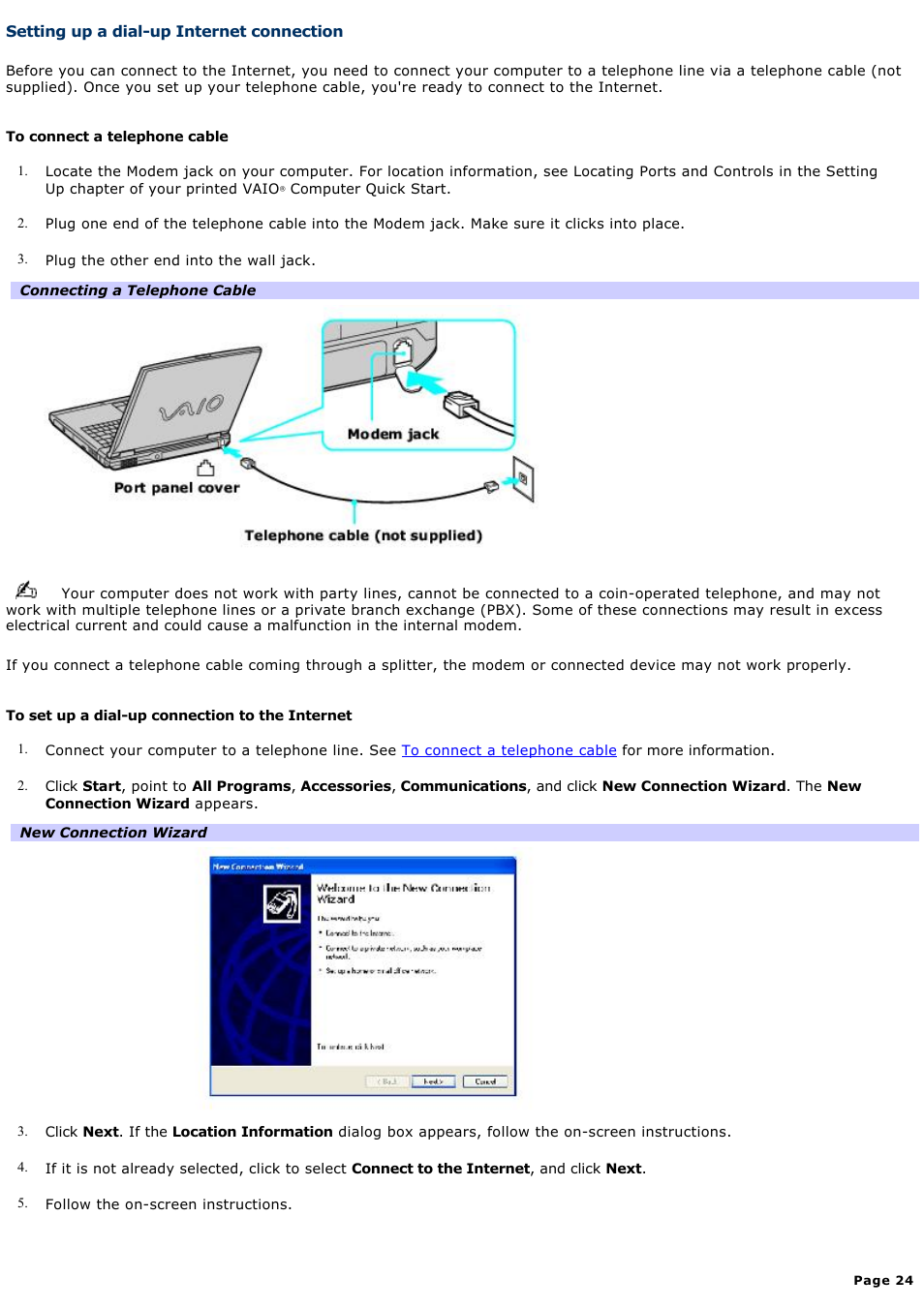 Setting up a dial-up internet connection | Sony PCG-GRV670P User Manual | Page 24 / 162