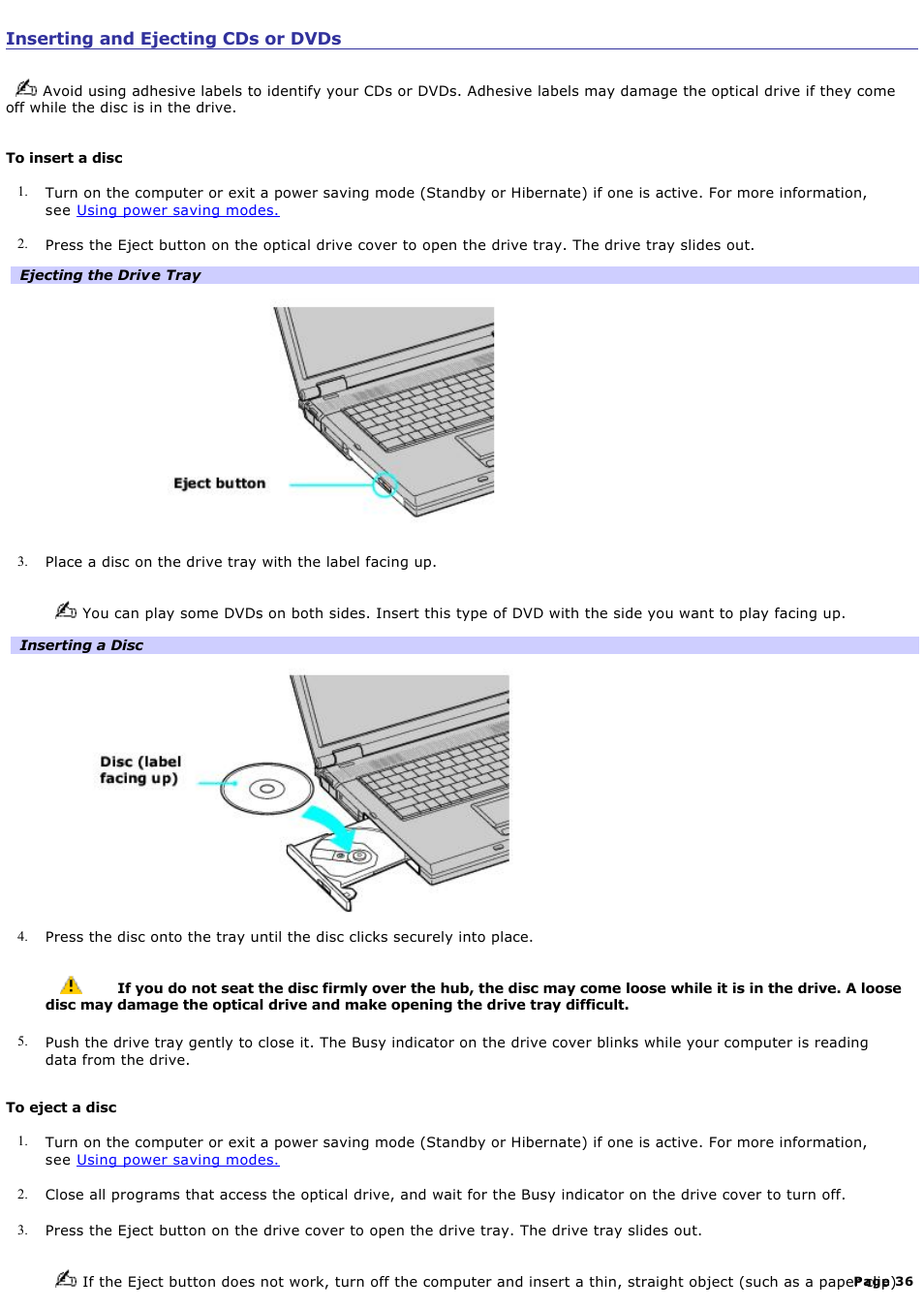 Inserting and ejecting cds or dvds | Sony PCG-GRV670P User Manual | Page 36 / 162