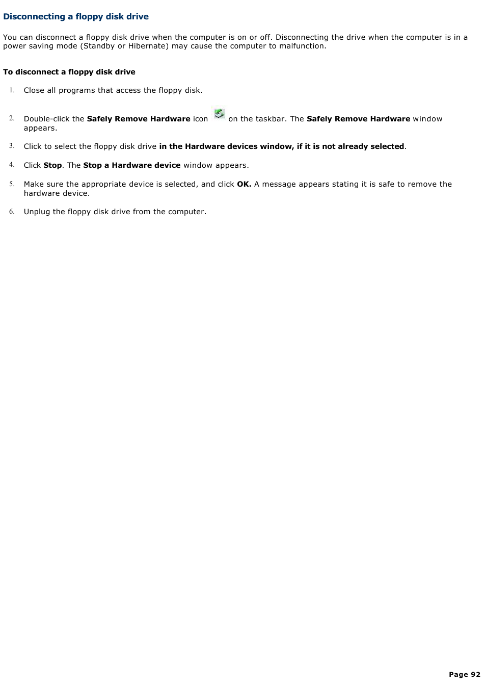 Disconnecting a floppy disk drive | Sony PCG-GRV670P User Manual | Page 92 / 162