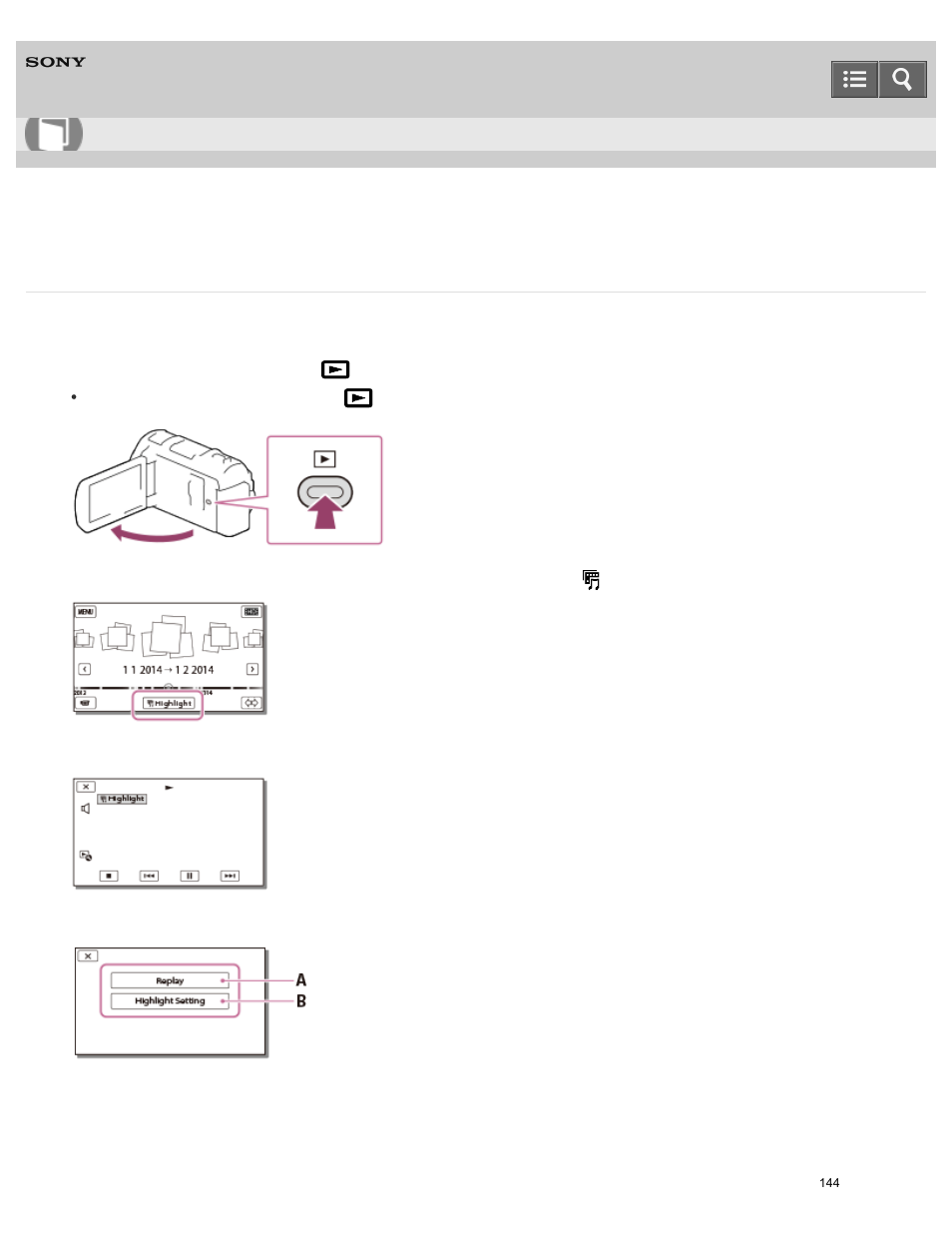 Playing back a short movie (highlight playback), Help guide | Sony HDR-PJ810 User Manual | Page 144 / 416