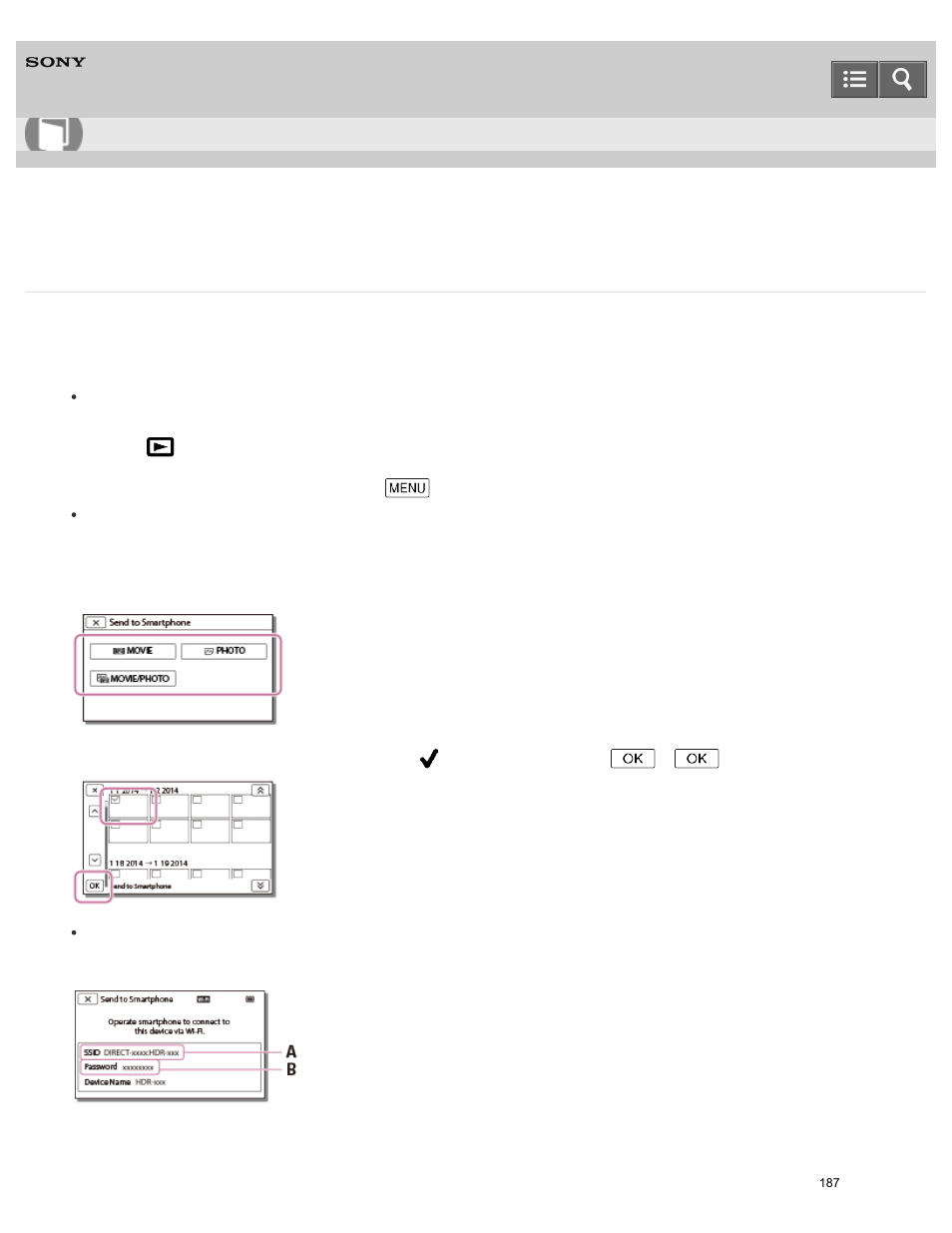 Transfer images to your smartphone or tablet, Help guide | Sony HDR-PJ810 User Manual | Page 187 / 416