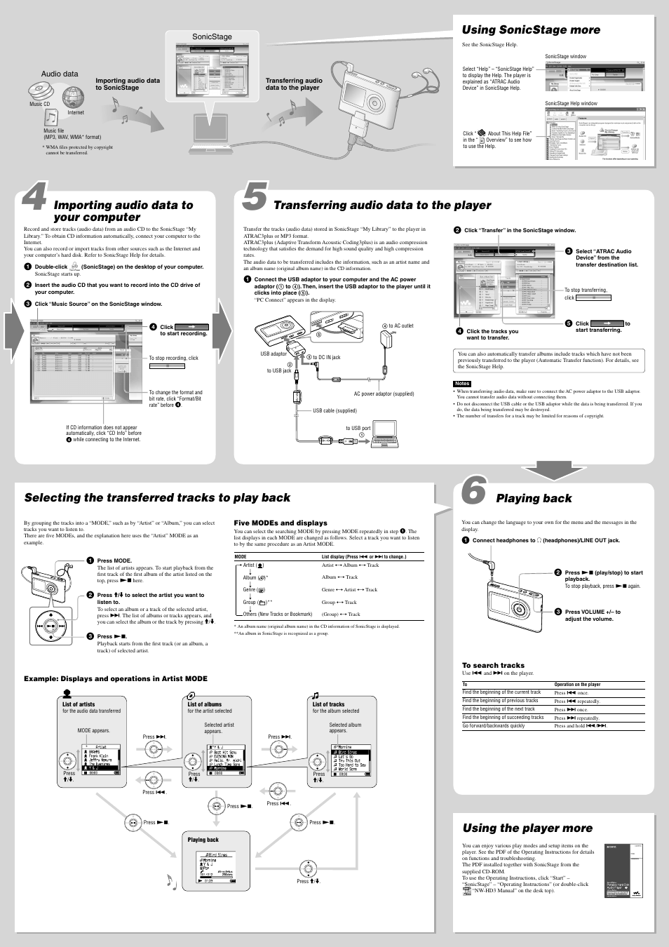 Playing back, Using the player more, Selecting the transferred tracks to play back | Importing audio data to your computer | Sony NW-HD3 User Manual | Page 2 / 2