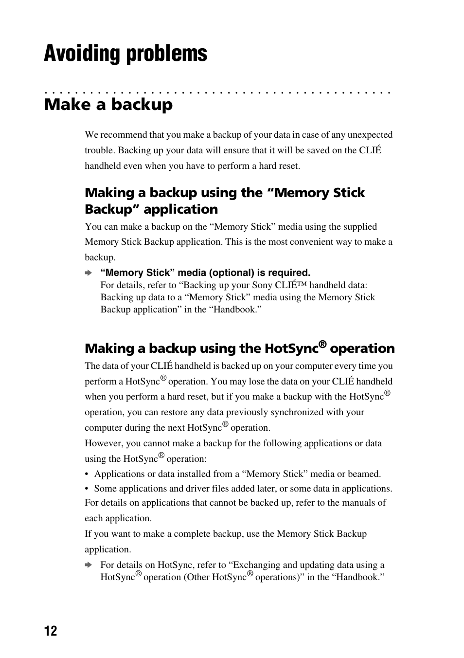 Avoiding problems, Make a backup, Making a backup using the hotsync | Operation | Sony PEG-NZ90 User Manual | Page 12 / 52