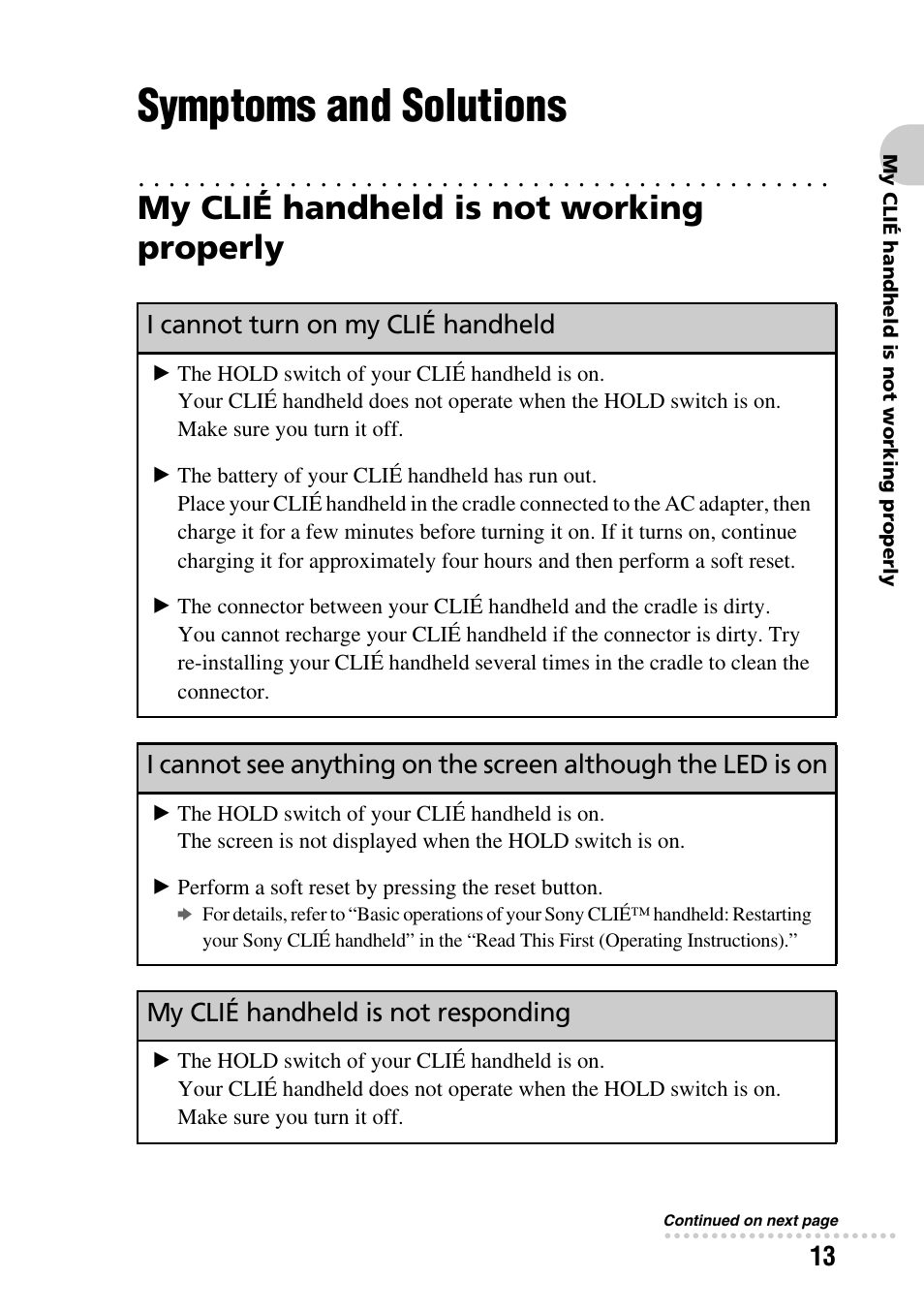 Symptoms and solutions, My clié handheld is not working properly, I cannot turn on my clié handheld | My clié handheld is not responding | Sony PEG-NZ90 User Manual | Page 13 / 52