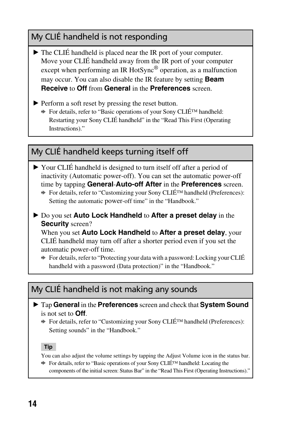 My clié handheld keeps turning itself off, My clié handheld is not making any sounds, My clié handheld is not responding | Sony PEG-NZ90 User Manual | Page 14 / 52