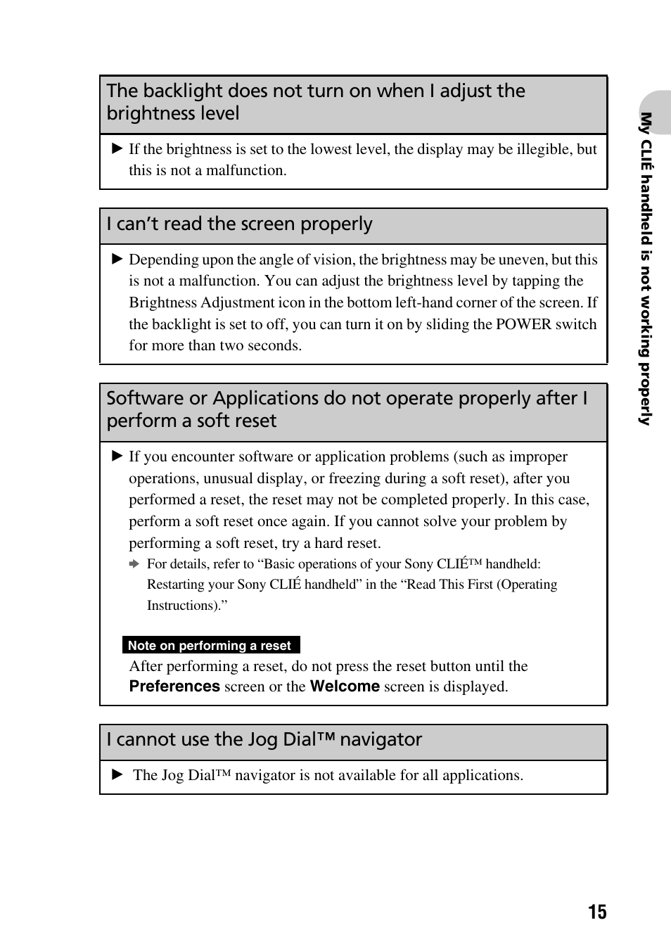 I can’t read the screen properly, I cannot use the jog dial™ navigator | Sony PEG-NZ90 User Manual | Page 15 / 52