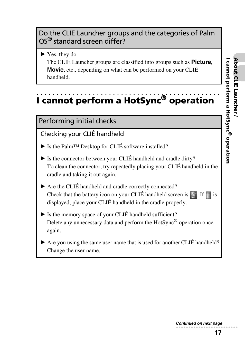 I cannot perform a hotsync® operation, I cannot perform a hotsync, Operation | Standard screen differ, Performing initial checks | Sony PEG-NZ90 User Manual | Page 17 / 52