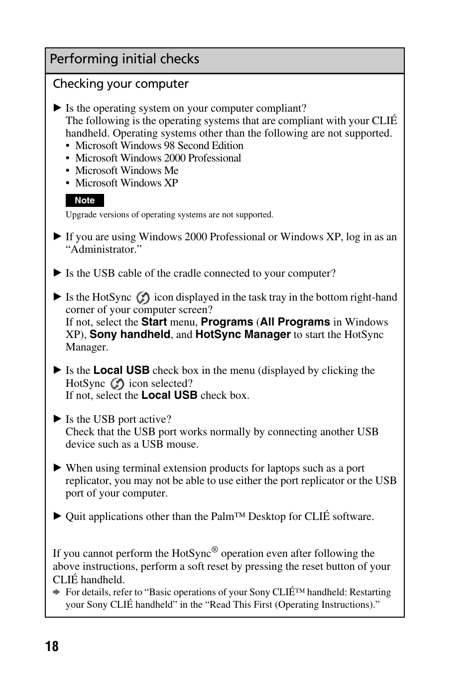 Performing initial checks | Sony PEG-NZ90 User Manual | Page 18 / 52