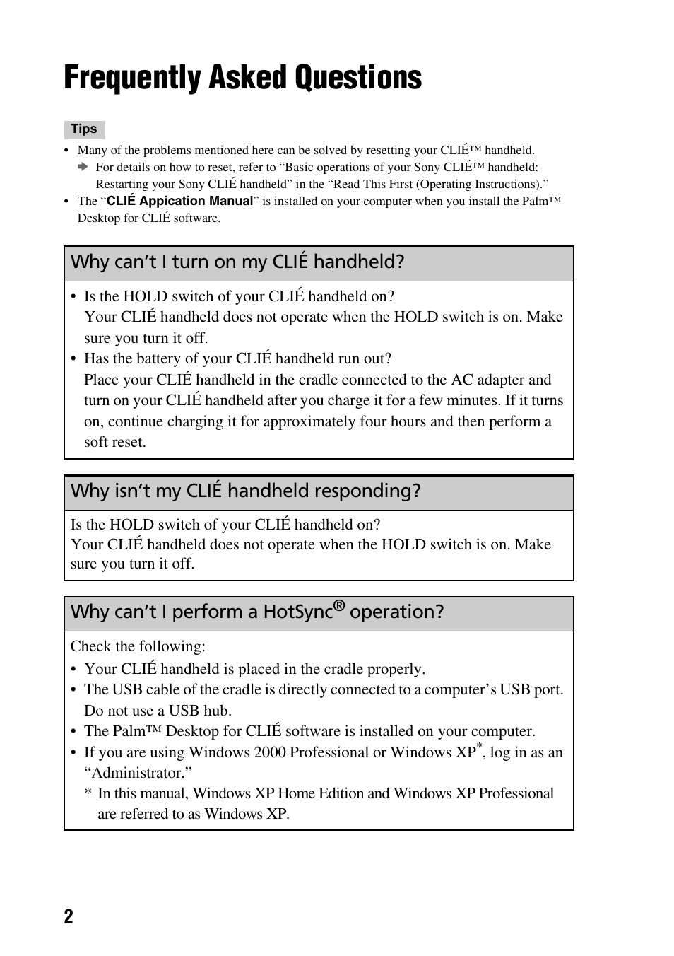 Frequently asked questions, Why can’t i turn on my clié handheld, Why isn’t my clié handheld responding | Why can’t i perform a hotsync, Operation | Sony PEG-NZ90 User Manual | Page 2 / 52