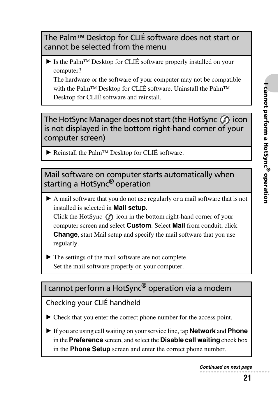The hotsync manager does not start (the hotsync, Icon, Operation | I cannot perform a hotsync, Operation via a modem | Sony PEG-NZ90 User Manual | Page 21 / 52