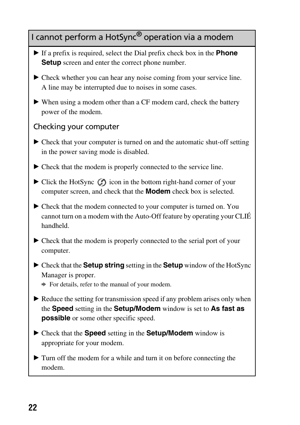 I cannot perform a hotsync, Operation via a modem | Sony PEG-NZ90 User Manual | Page 22 / 52