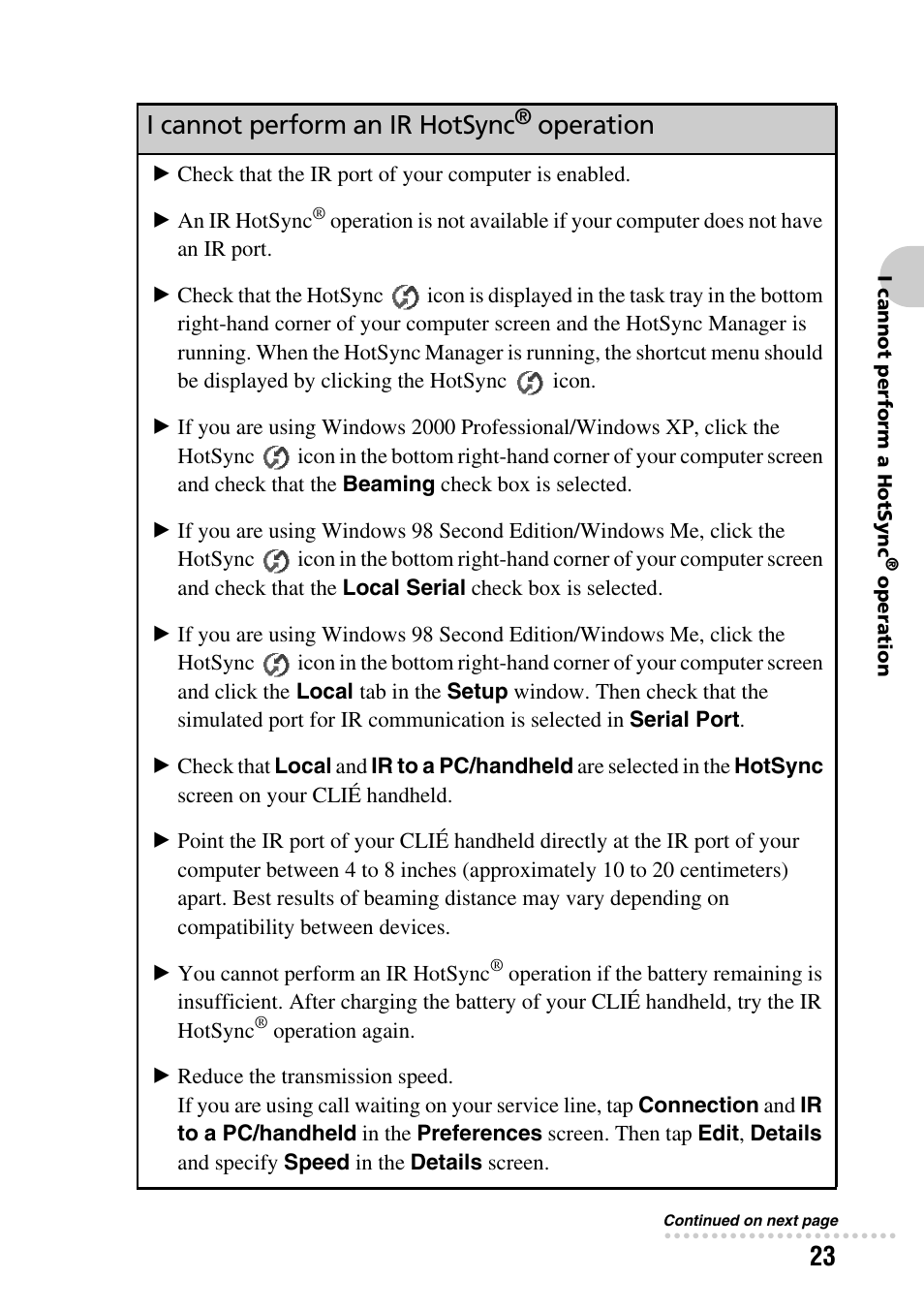 I cannot perform an ir hotsync, Operation | Sony PEG-NZ90 User Manual | Page 23 / 52