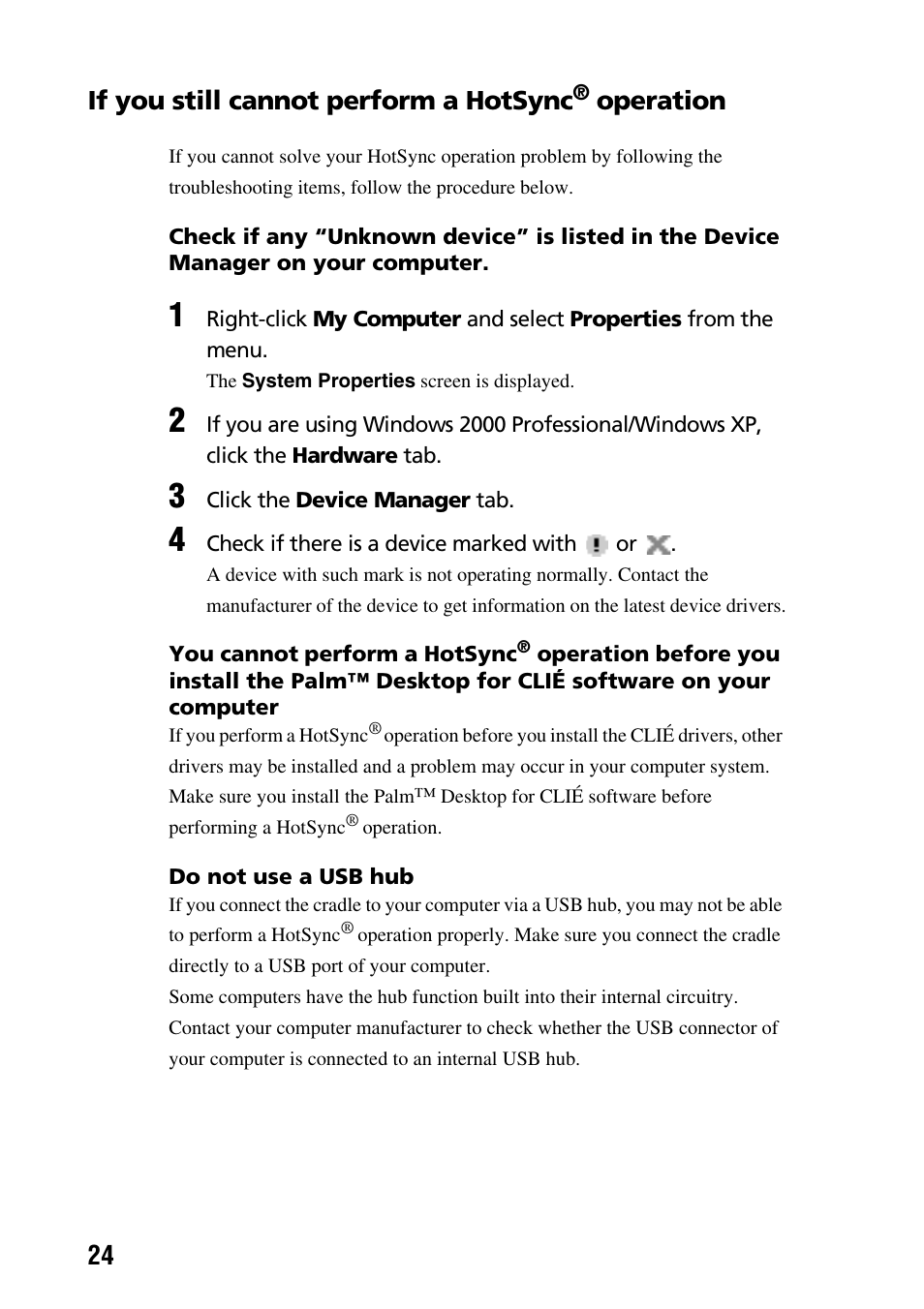 If you still cannot perform a hotsync, Operation, 24 if you still cannot perform a hotsync | Sony PEG-NZ90 User Manual | Page 24 / 52