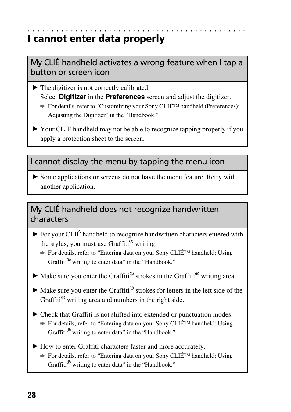 I cannot enter data properly, I cannot display the menu by tapping the menu icon | Sony PEG-NZ90 User Manual | Page 28 / 52