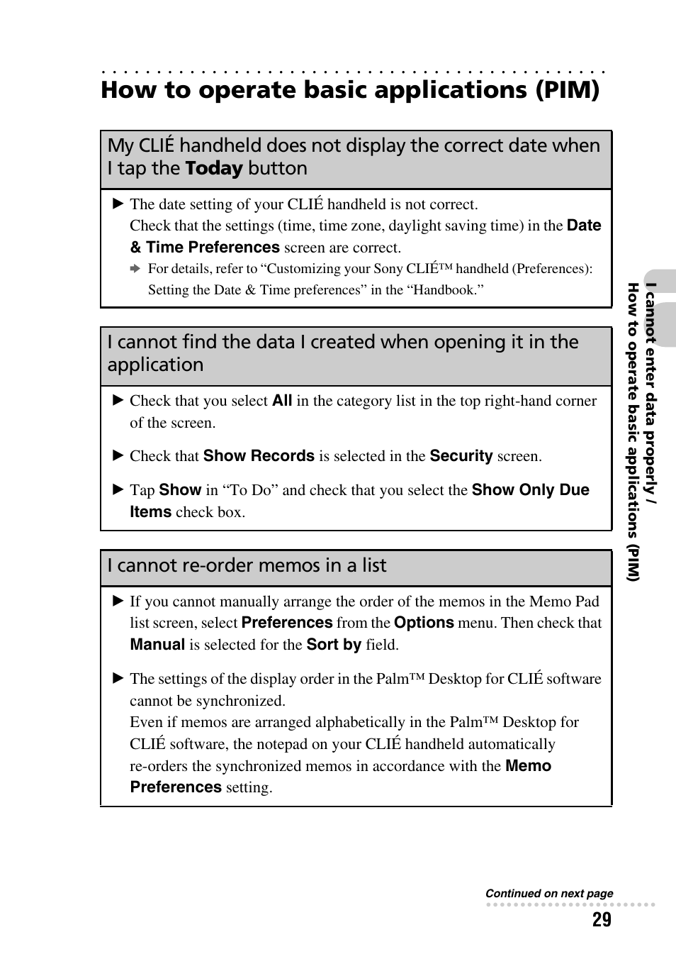 How to operate basic applications (pim), I cannot re-order memos in a list | Sony PEG-NZ90 User Manual | Page 29 / 52