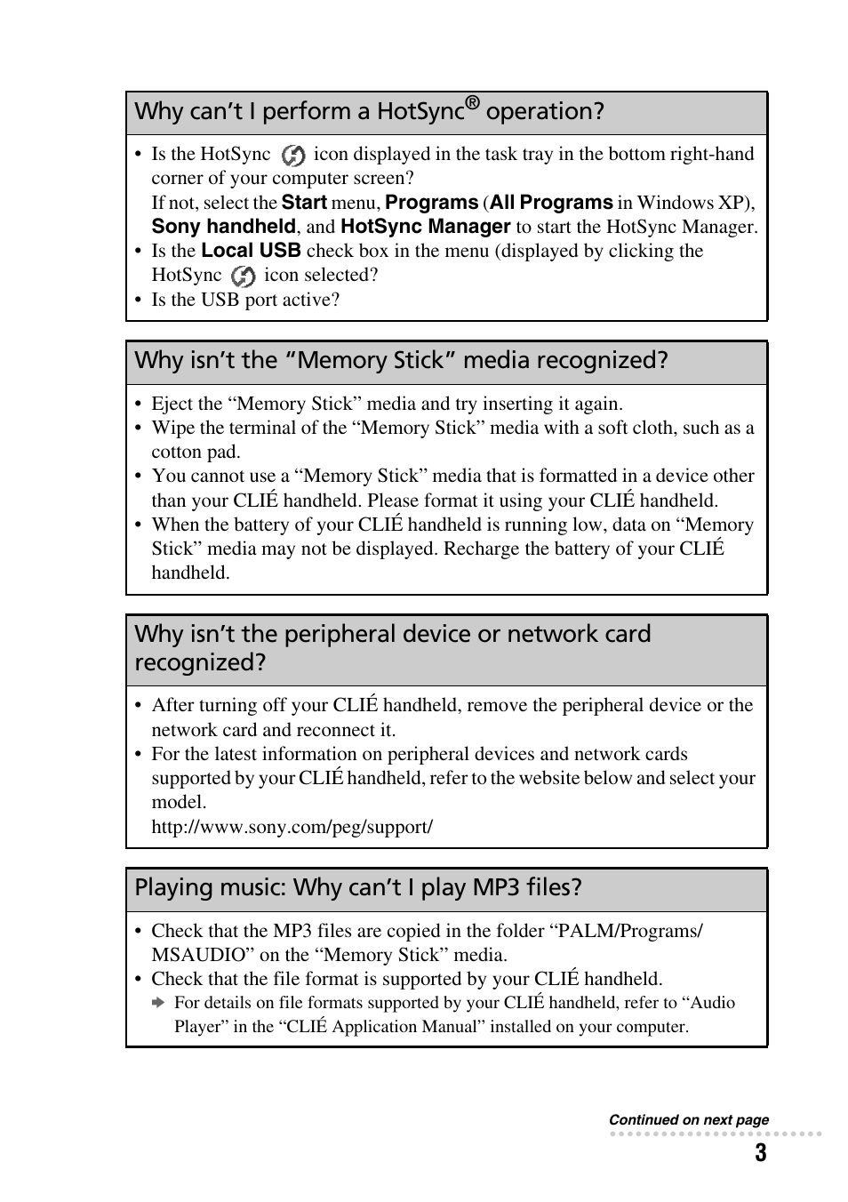 3why can’t i perform a hotsync, Operation, Playing music: why can’t i play mp3 files | Sony PEG-NZ90 User Manual | Page 3 / 52