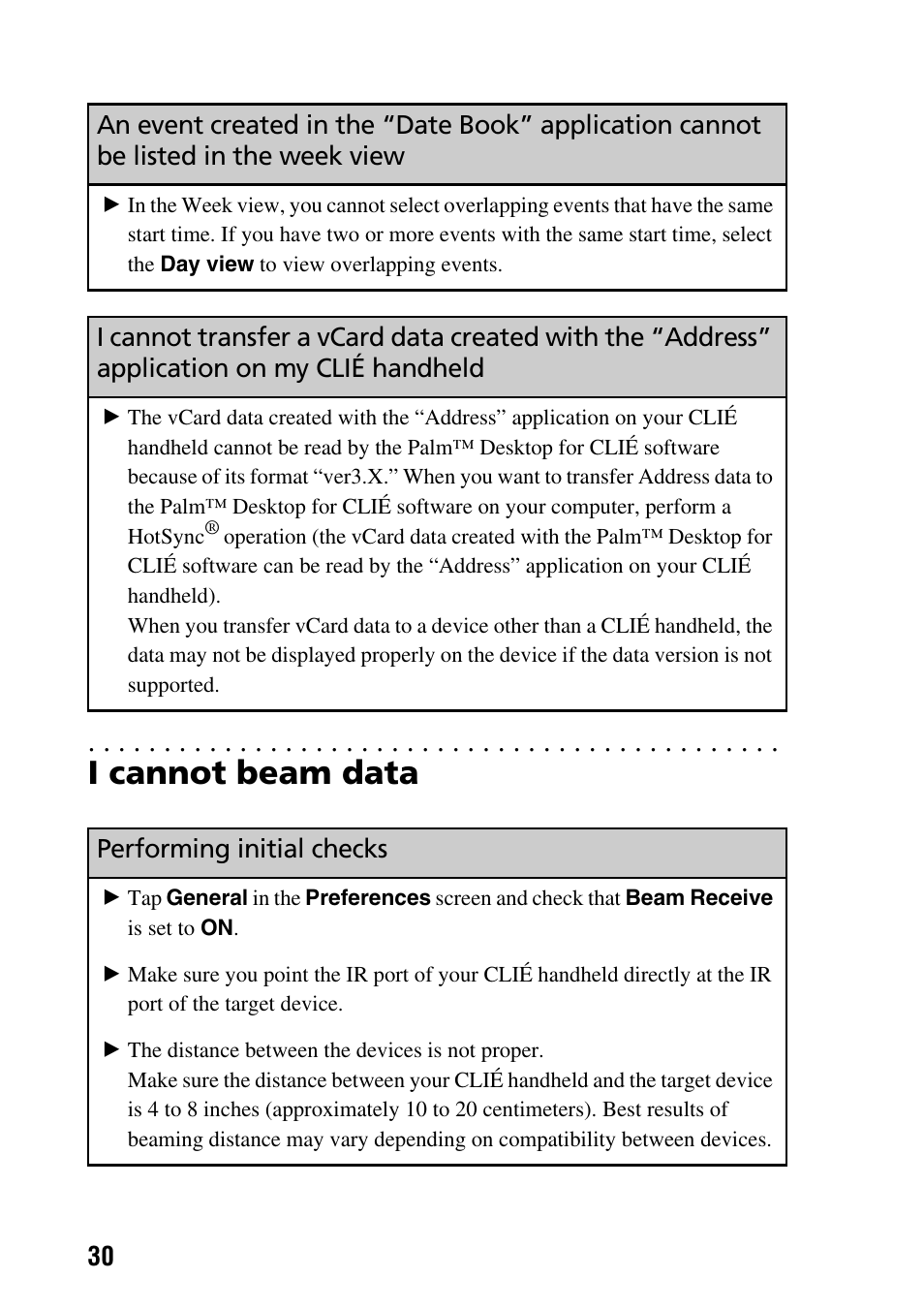 I cannot beam data, Performing initial checks | Sony PEG-NZ90 User Manual | Page 30 / 52