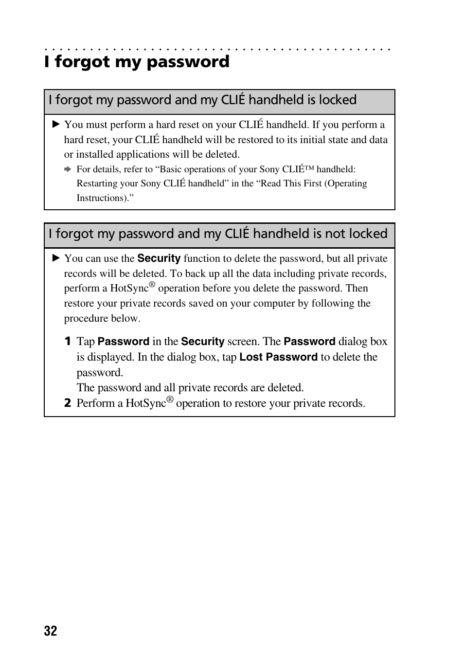 I forgot my password | Sony PEG-NZ90 User Manual | Page 32 / 52