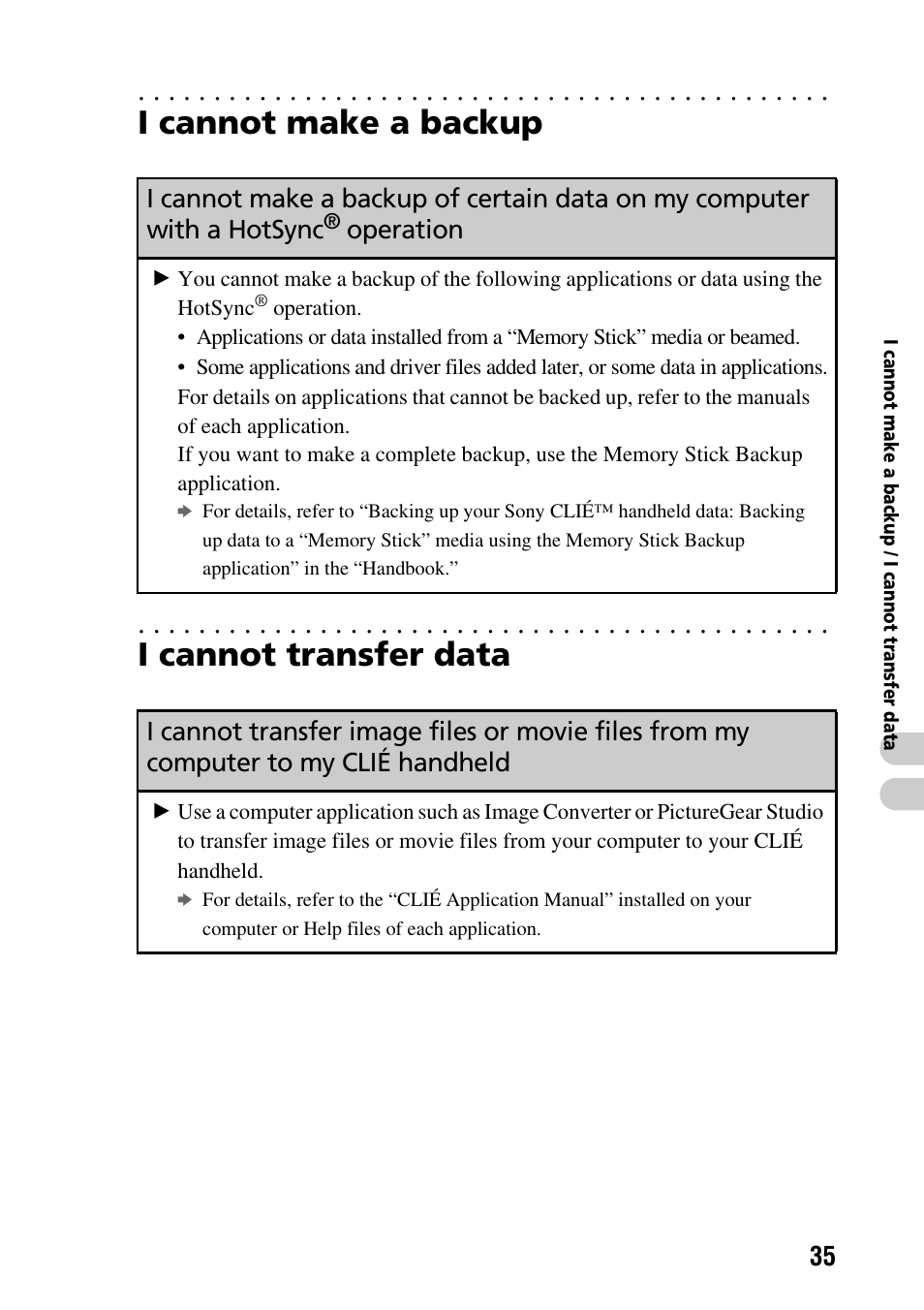 I cannot make a backup, I cannot transfer data, Operation | Sony PEG-NZ90 User Manual | Page 35 / 52