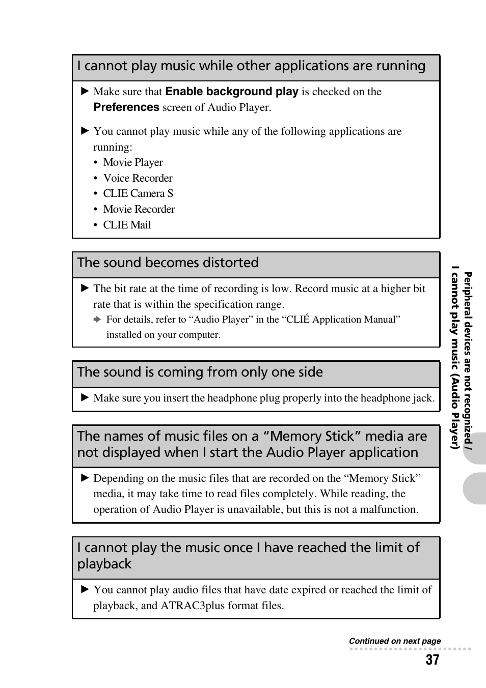 The sound becomes distorted, The sound is coming from only one side | Sony PEG-NZ90 User Manual | Page 37 / 52