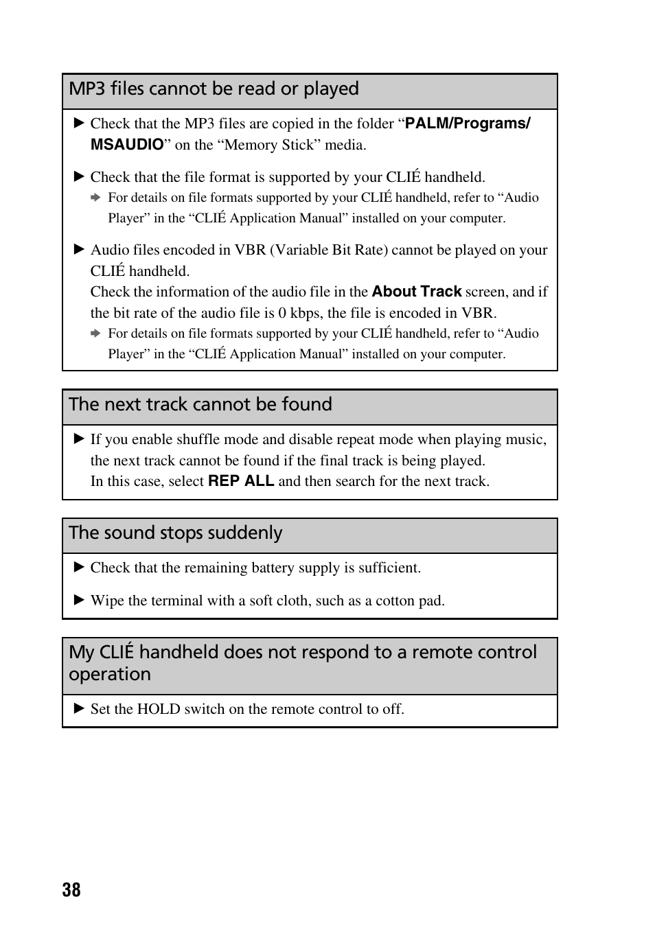 Mp3 files cannot be read or played, The next track cannot be found, The sound stops suddenly | 38 mp3 files cannot be read or played | Sony PEG-NZ90 User Manual | Page 38 / 52