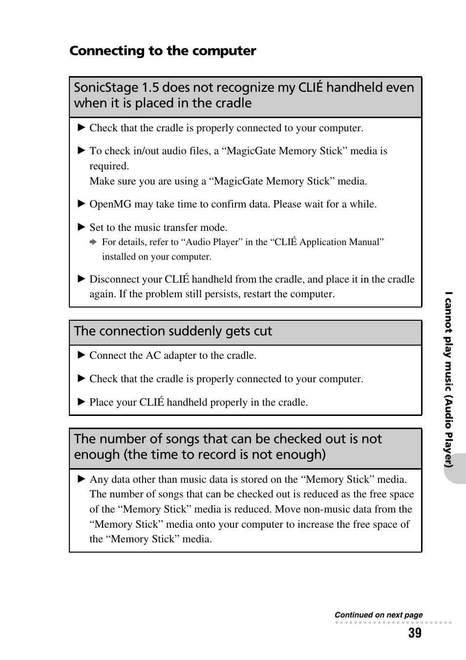 Connecting to the computer, The connection suddenly gets cut | Sony PEG-NZ90 User Manual | Page 39 / 52