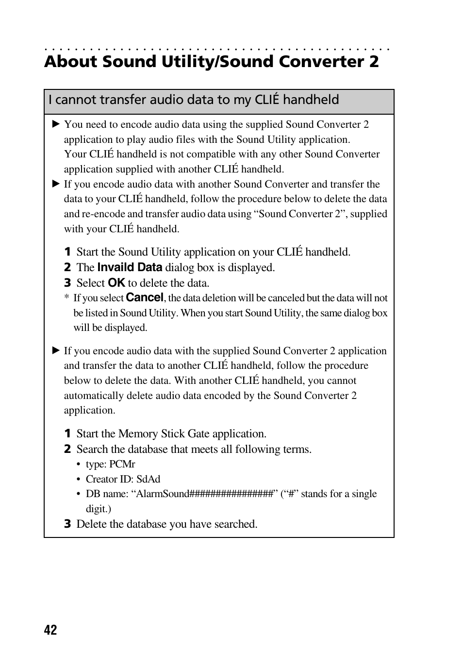 About sound utility/sound converter 2, I cannot transfer audio data to my clié handheld | Sony PEG-NZ90 User Manual | Page 42 / 52