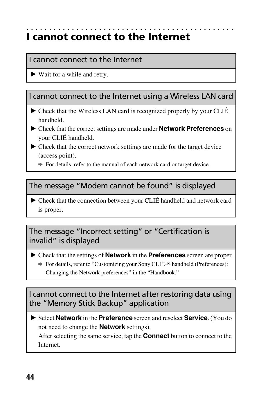 I cannot connect to the internet, The message “modem cannot be found” is displayed | Sony PEG-NZ90 User Manual | Page 44 / 52