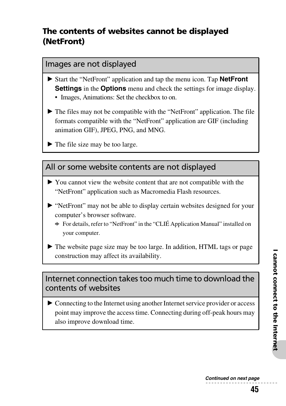 Images are not displayed, All or some website contents are not displayed | Sony PEG-NZ90 User Manual | Page 45 / 52