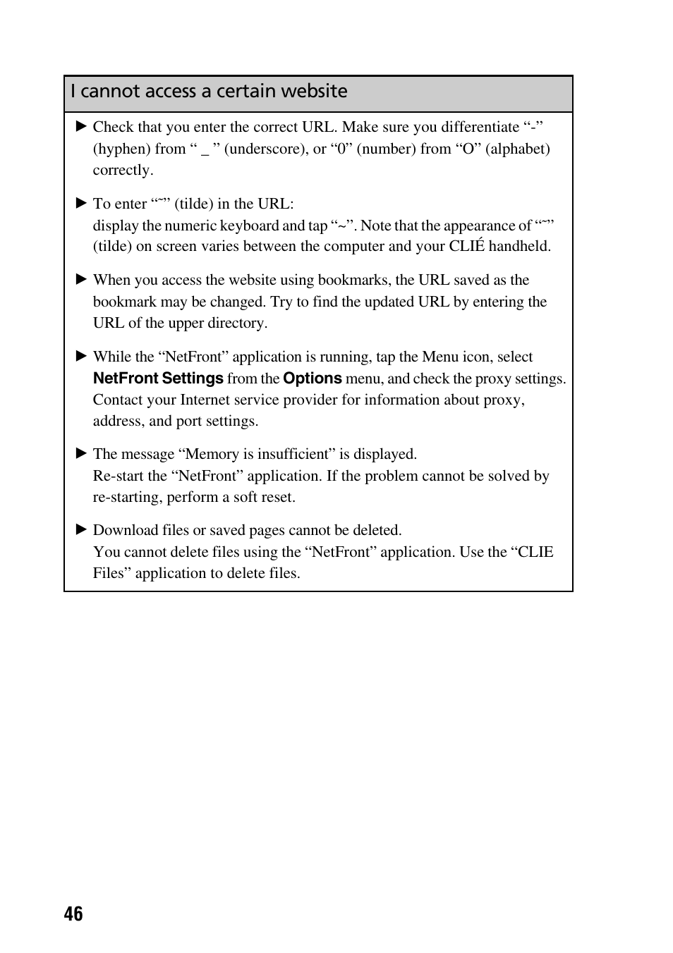 I cannot access a certain website, 46 i cannot access a certain website | Sony PEG-NZ90 User Manual | Page 46 / 52