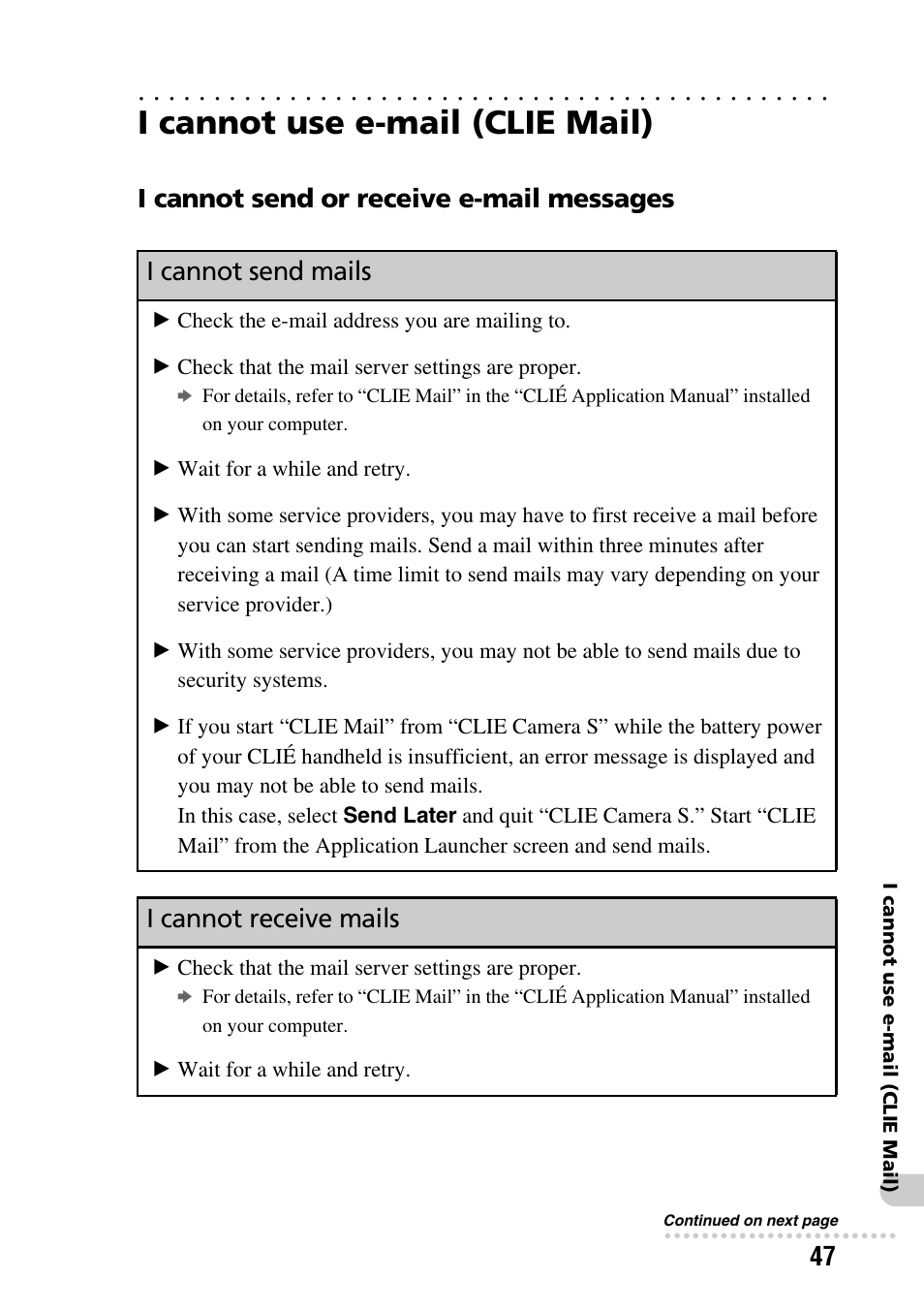 I cannot use e-mail (clie mail), I cannot send or receive e-mail messages, I cannot send mails | I cannot receive mails | Sony PEG-NZ90 User Manual | Page 47 / 52