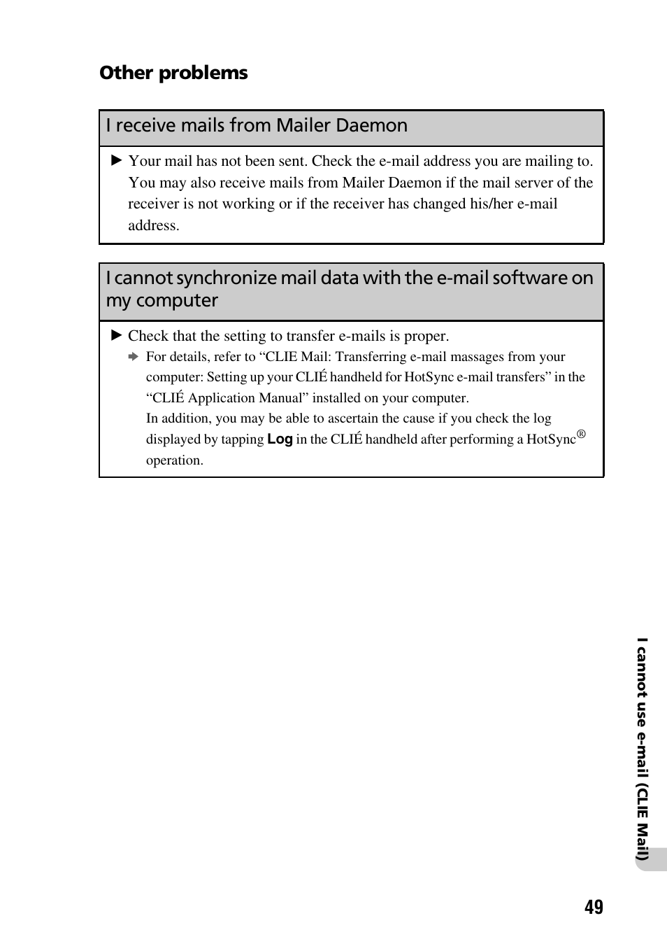 Other problems, I receive mails from mailer daemon, Other problems i receive mails from mailer daemon | Sony PEG-NZ90 User Manual | Page 49 / 52