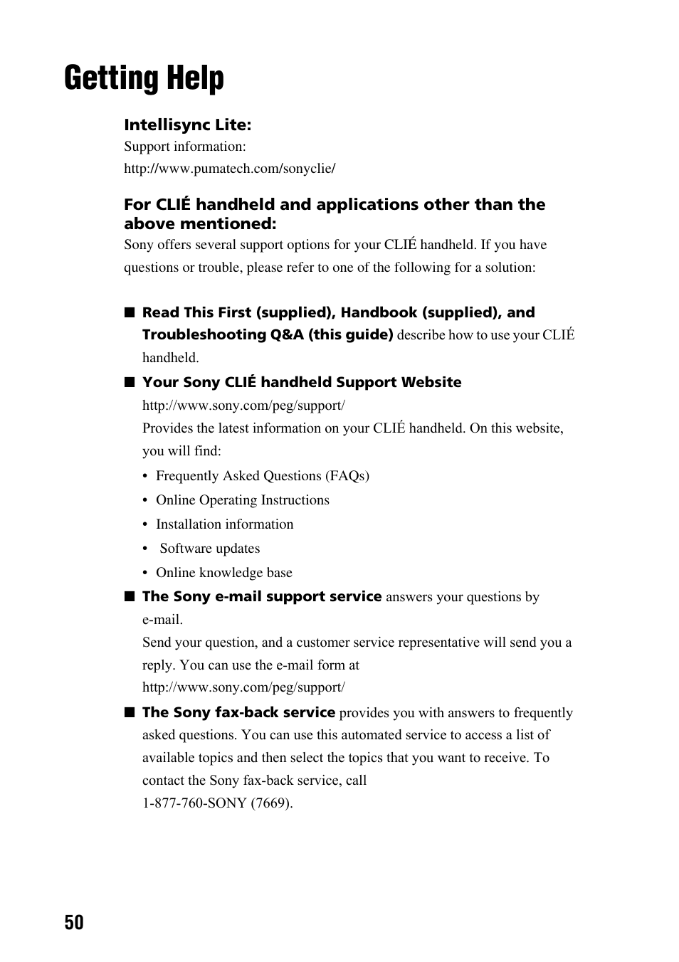 Getting help | Sony PEG-NZ90 User Manual | Page 50 / 52