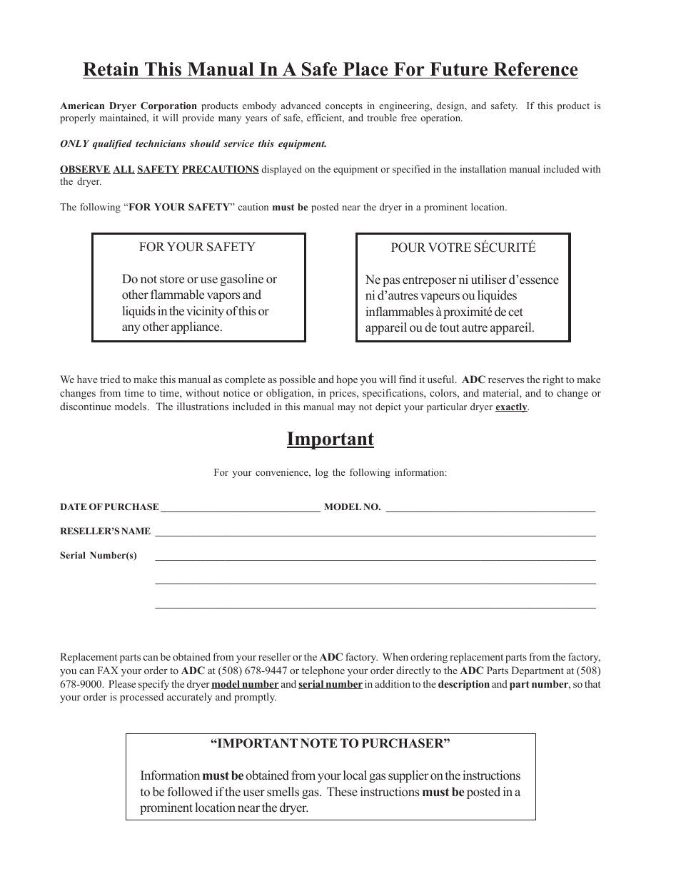 Important | American Dryer Corp. SL31AD-15 User Manual | Page 2 / 72