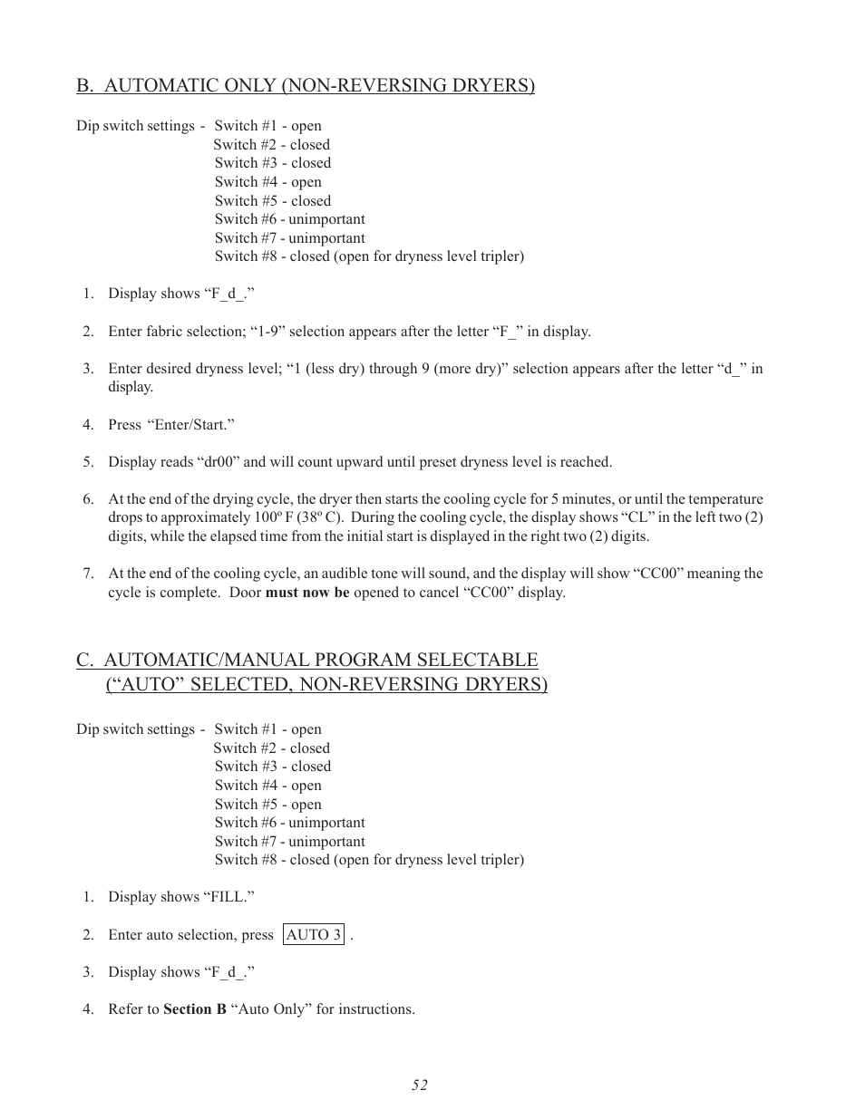 B. automatic only (non-reversing dryers) | American Dryer Corp. SL31AD-15 User Manual | Page 56 / 72