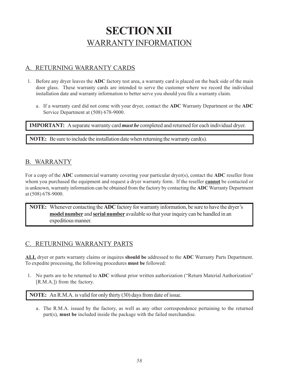 Warranty information | American Dryer Corp. SL31AD-15 User Manual | Page 62 / 72