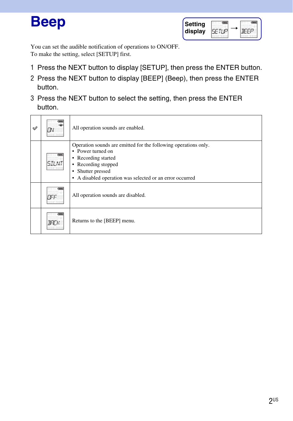 Beep | Sony HDR-AS15 User Manual | Page 2 / 4