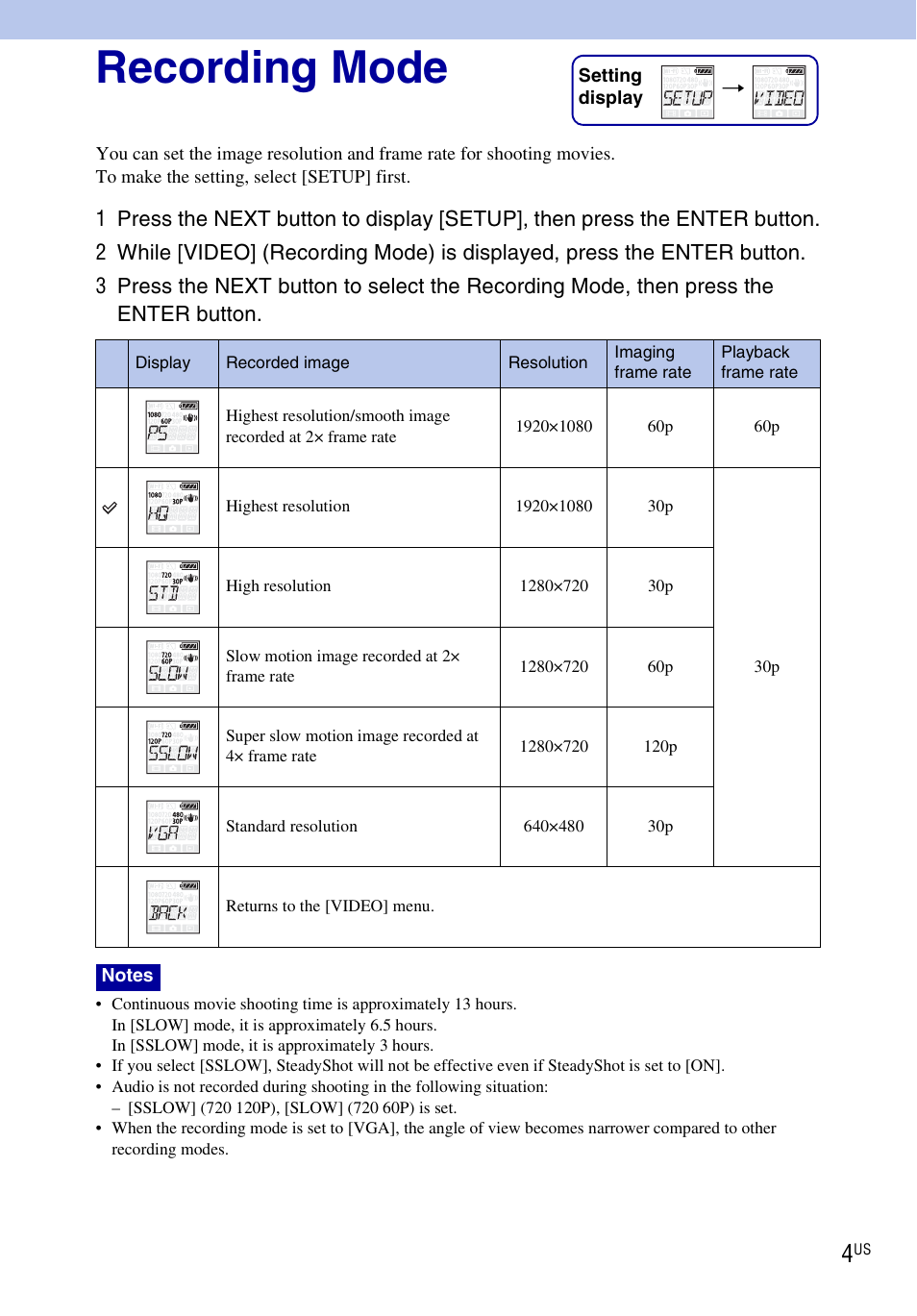 Recording mode | Sony HDR-AS15 User Manual | Page 4 / 4