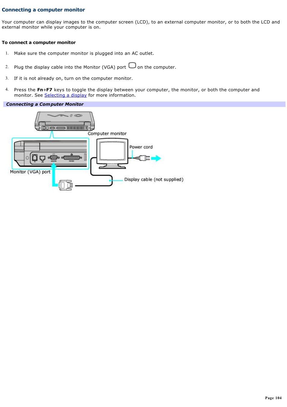 Connecting a computer monitor | Sony PCG-FRV33 User Manual | Page 104 / 141