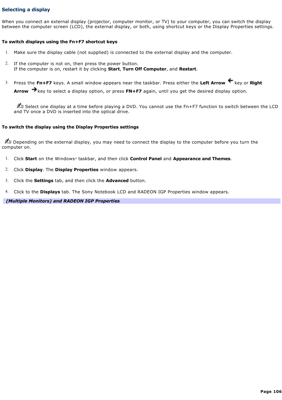 Selecting a display, For more, For more information | Sony PCG-FRV33 User Manual | Page 106 / 141