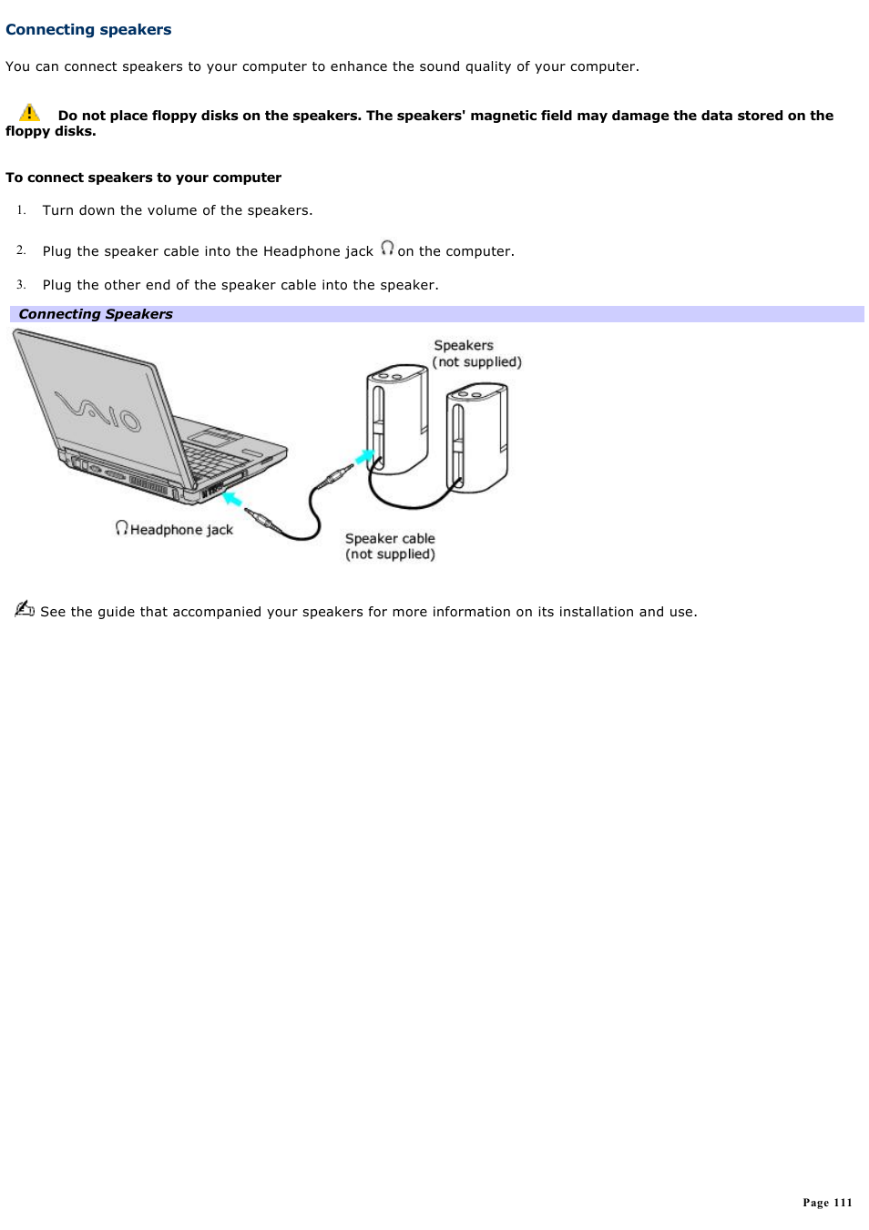 Connecting speakers | Sony PCG-FRV33 User Manual | Page 111 / 141